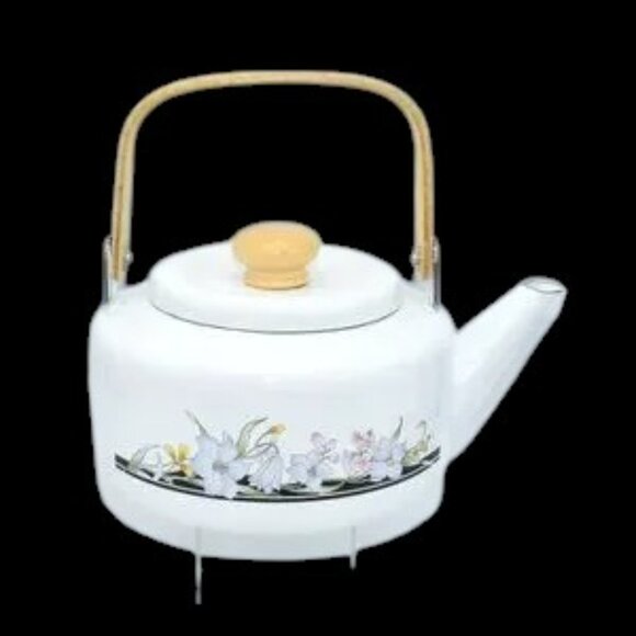 NWOT NOS Vintage Enamel Water Kettle Tea Coffee Floral Pattern Teapot